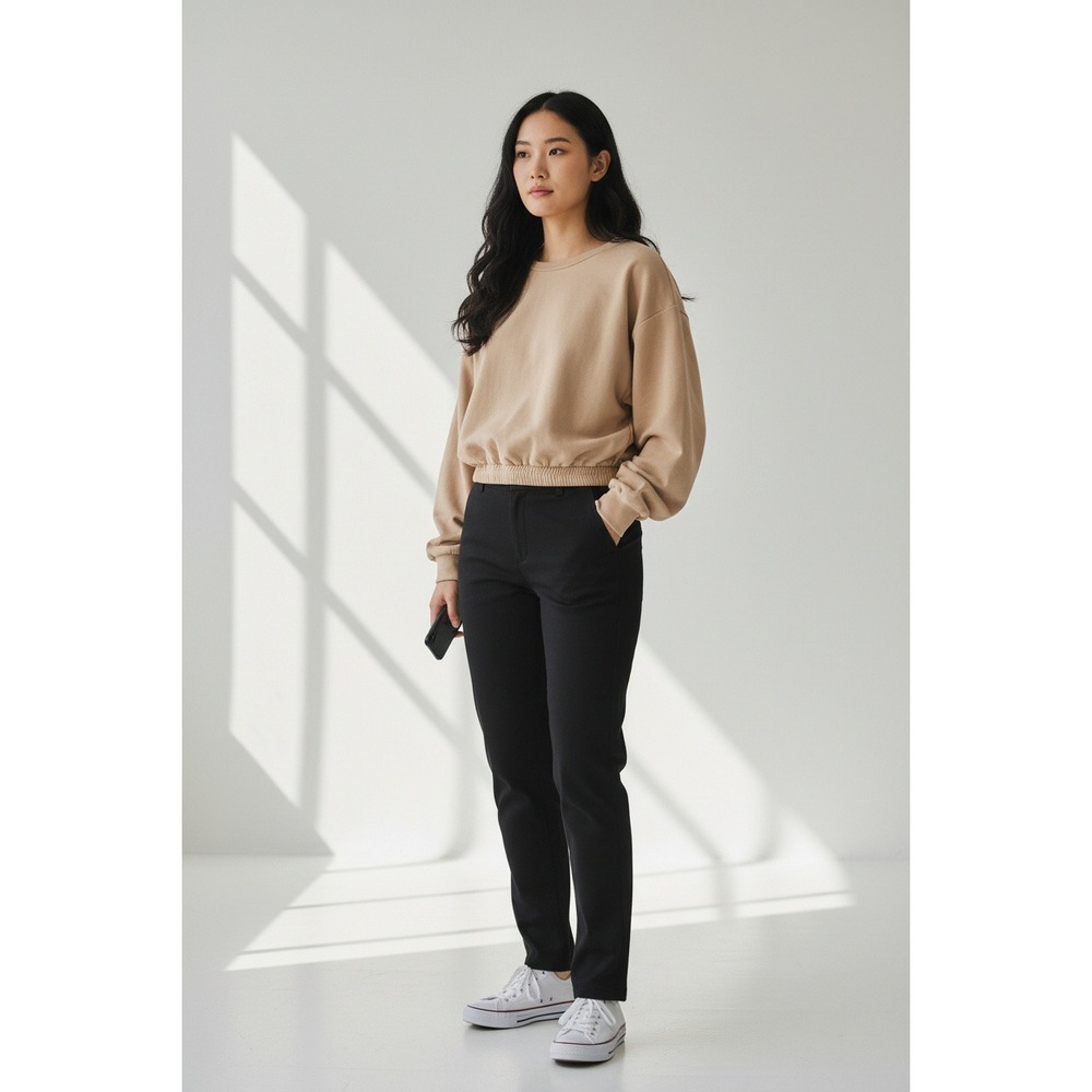 Lulus Tan Beige Cropped‎ Sweatshirt Elastic Hem Crew Neck Cotton Pullover Large